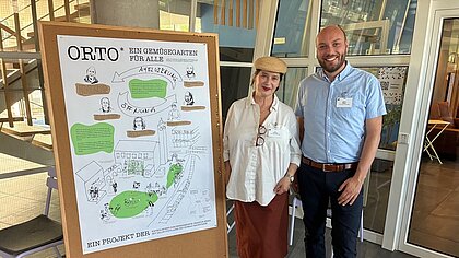 Ania Corcilius und Magnus Mayer neben einer Stellwand mit einem ORTO-Plakat